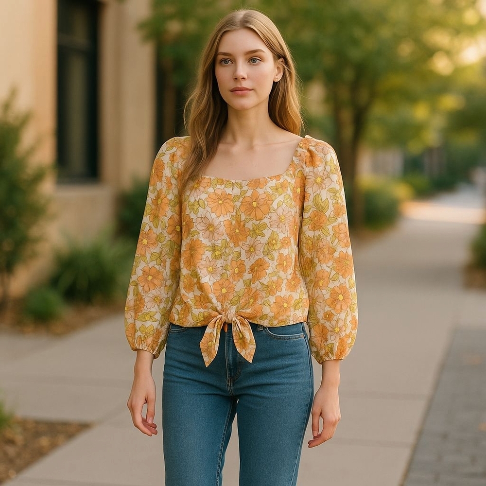 Square Neck Floral Blouse With A Tie Bottom.